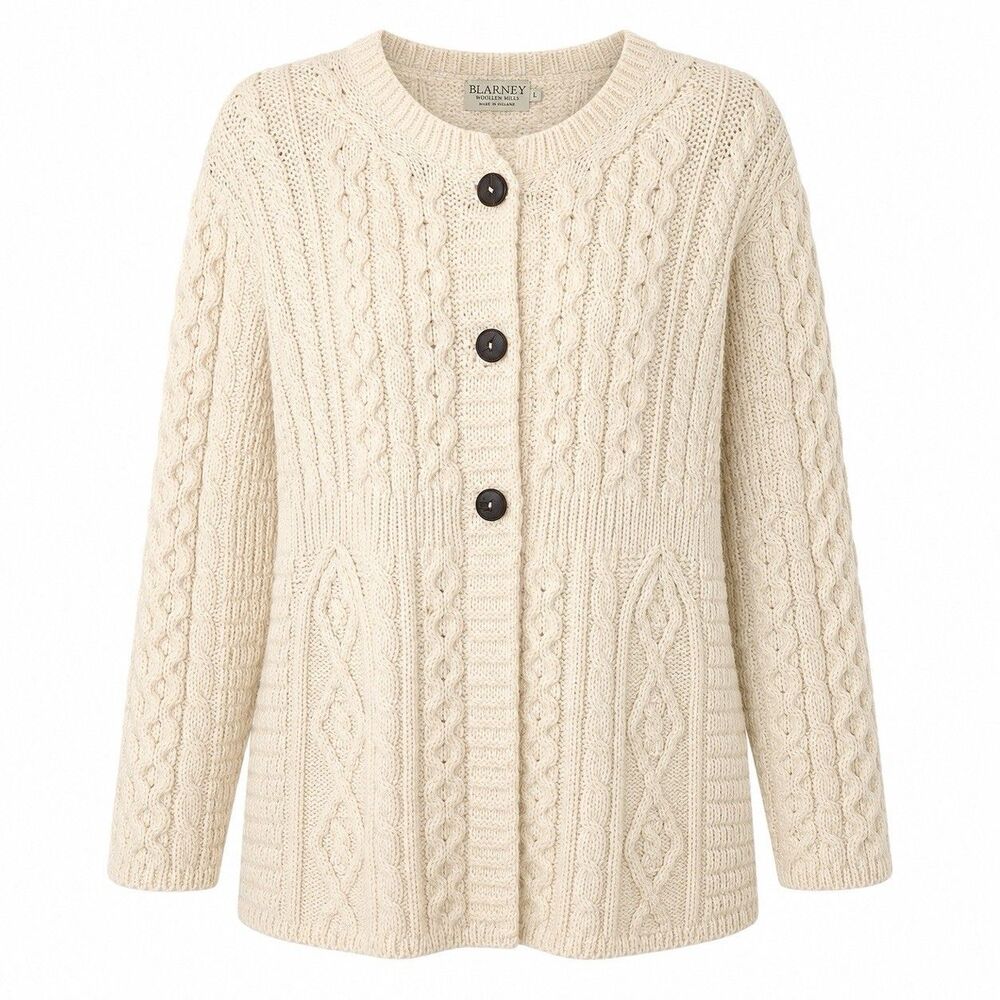 Blarney Woolen Mills Cardigan L Sweater Beige Cable Knit Pure Wool 1/2 Button Up